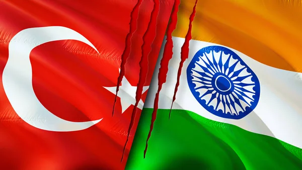 Turkey and India flags with scar concept. Waving flag,3D rendering. Turkey and India conflict concept. Turkey India relations concept. flag of Turkey and India crisis,war, attack concep