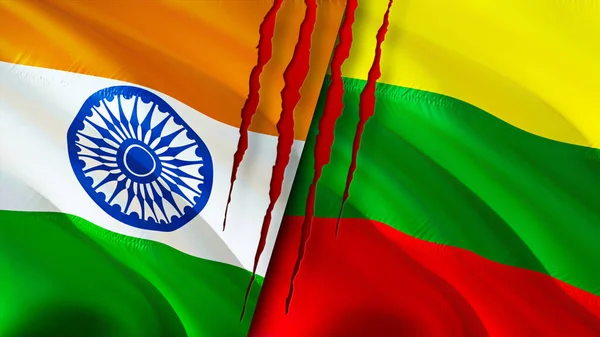 India and Lithuania flags with scar concept. Waving flag,3D rendering. India and Lithuania conflict concept. India Lithuania relations concept. flag of India and Lithuania crisis,war, attack concep