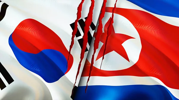 South Korea and North Korea flags with scar concept. Waving flag,3D rendering. South Korea and North Korea conflict concept. South Korea North Korea relations concept. flag of South Korea and Nort
