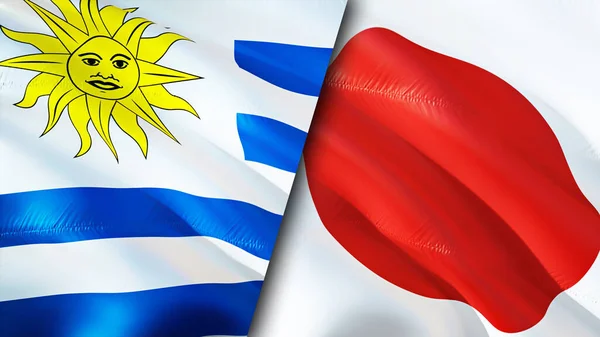 Uruguay and Japan flags. 3D Waving flag design. Uruguay Japan flag, picture, wallpaper. Uruguay vs Japan image,3D rendering. Uruguay Japan relations alliance and Trade,travel,tourism concep