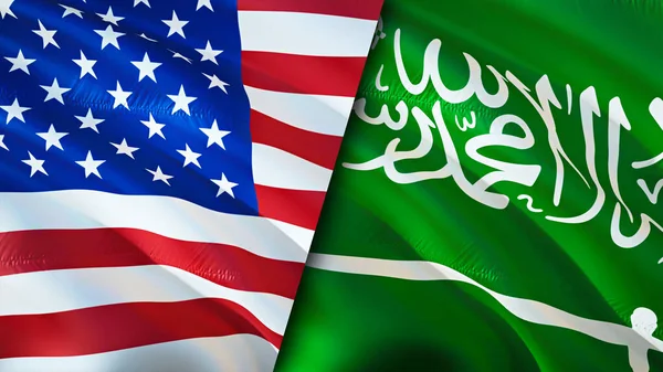 USA and Saudi Arabia flags. 3D Waving flag design. USA Saudi Arabia flag, picture, wallpaper. USA vs Saudi Arabia image,3D rendering. USA Saudi Arabia relations alliance and Trade,travel,touris