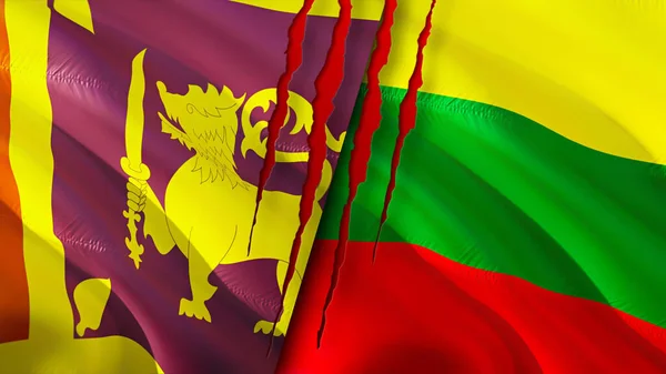 Sri Lanka and Lithuania flags with scar concept. Waving flag,3D rendering. Sri Lanka and Lithuania conflict concept. Sri Lanka Lithuania relations concept. flag of Sri Lanka and Lithuani