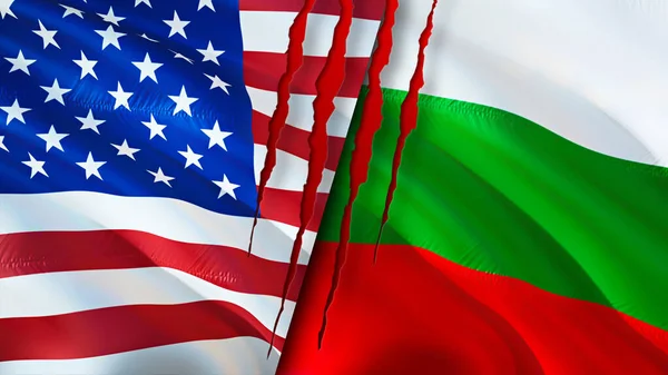 USA and Bulgaria flags with scar concept. Waving flag,3D rendering. USA and Bulgaria conflict concept. USA Bulgaria relations concept. flag of USA and Bulgaria crisis,war, attack concep