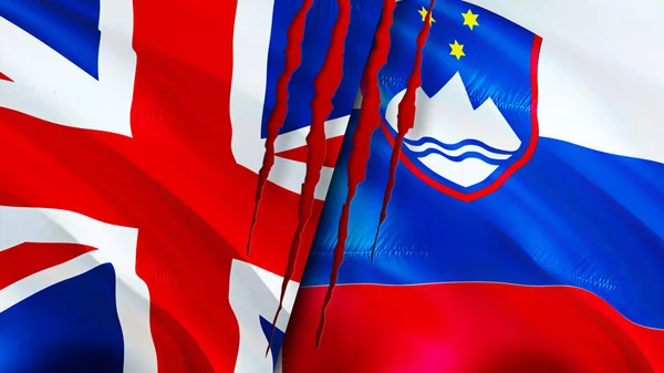 United Kingdom and Slovenia flags with scar concept. Waving flag,3D rendering. United Kingdom and Slovenia conflict concept. United Kingdom Slovenia relations concept. flag of United Kingdom an