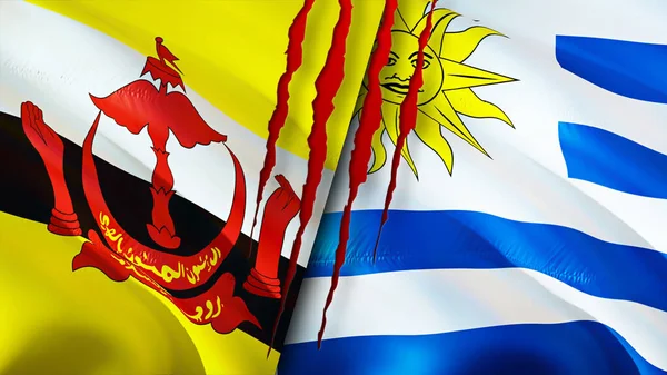 Brunei and Uruguay flags with scar concept. Waving flag,3D rendering. Brunei and Uruguay conflict concept. Brunei Uruguay relations concept. flag of Brunei and Uruguay crisis,war, attack concep