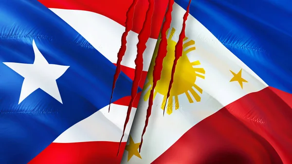 Puerto Rico and Philippines flags with scar concept. Waving flag,3D rendering. Puerto Rico and Philippines conflict concept. Puerto Rico Philippines relations concept. flag of Puerto Rico an