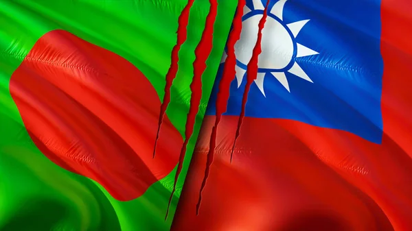 Bangladesh and Taiwan flags with scar concept. Waving flag,3D rendering. Bangladesh and Taiwan conflict concept. Bangladesh Taiwan relations concept. flag of Bangladesh and Taiwan crisis,war, attac