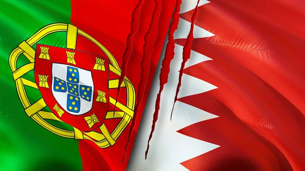 ポルトガルとバーレーンは傷の概念でフラグを立てます 旗を振って3Dレンダリング ポルトガルとバーレーンの紛争の概念 ポルトガルバーレーン関係の概念 ポルトガルとバーレーンの危機戦争攻撃 — ストック写真