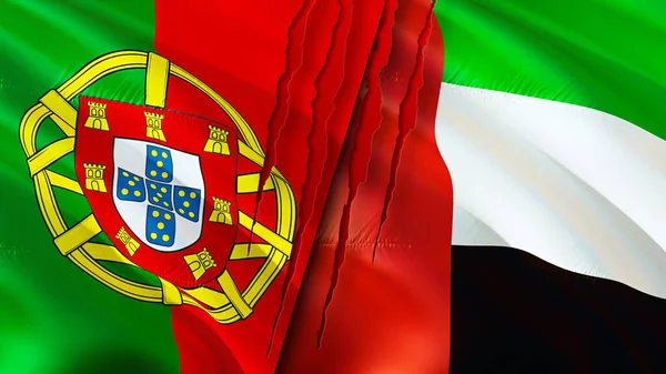 Флаги Португалии Объединенных Арабских Эмиратов Шрамами Флажок Рендеринг Концепция Конфликта — стоковое фото