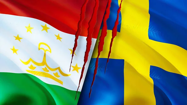 Tajikistan and Sweden flags with scar concept. Waving flag,3D rendering. Tajikistan and Sweden conflict concept. Tajikistan Sweden relations concept. flag of Tajikistan and Sweden crisis,war, attac