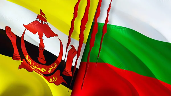 Brunei and Bulgaria flags with scar concept. Waving flag,3D rendering. Brunei and Bulgaria conflict concept. Brunei Bulgaria relations concept. flag of Brunei and Bulgaria crisis,war, attack concep