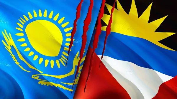 Kazakhstan and Antigua and Barbuda flags with scar concept. Waving flag,3D rendering. Kazakhstan and Antigua and Barbuda conflict concept. Kazakhstan Antigua and Barbuda relations concept. flag o