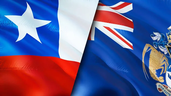 智利和特里斯坦 达库尼亚群岛的国旗 3D波浪旗帜设计 智利特里斯坦 达库尼亚国旗 智利对特里斯坦 达库尼亚图像 3D渲染 智利特里斯坦 达库尼亚关系联盟 — 图库照片