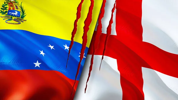 Venezuela and England flags with scar concept. Waving flag,3D rendering. Venezuela and England conflict concept. Venezuela England relations concept. flag of Venezuela and England crisis,war, attac