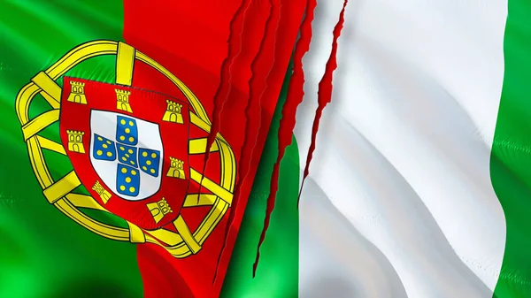 ポルトガルとナイジェリアの国旗には傷の概念がある 旗を振って3Dレンダリング ポルトガルとナイジェリアの紛争の概念 ポルトガル ナイジェリア関係の概念 ポルトガルとナイジェリアの危機戦争攻撃の旗 — ストック写真