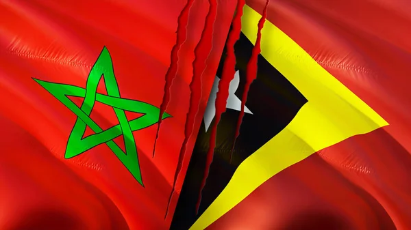 Marokkó Kelet Timor Zászlók Heg Koncepció Lengő Zászló Renderelés Marokkó — Stock Fotó