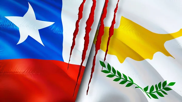 Chile and Cyprus flags with scar concept. Waving flag,3D rendering. Chile and Cyprus conflict concept. Chile Cyprus relations concept. flag of Chile and Cyprus crisis,war, attack concep