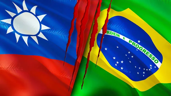 Taiwan and Brazil flags with scar concept. Waving flag,3D rendering. Taiwan and Brazil conflict concept. Taiwan Brazil relations concept. flag of Taiwan and Brazil crisis,war, attack concep