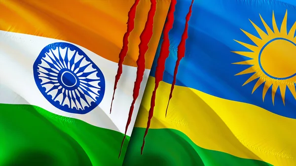 India and Rwanda flags with scar concept. Waving flag,3D rendering. India and Rwanda conflict concept. India Rwanda relations concept. flag of India and Rwanda crisis,war, attack concep