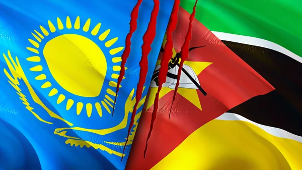 Kazakhstan and Mozambique flags with scar concept. Waving flag,3D rendering. Kazakhstan and Mozambique conflict concept. Kazakhstan Mozambique relations concept. flag of Kazakhstan and Mozambiqu