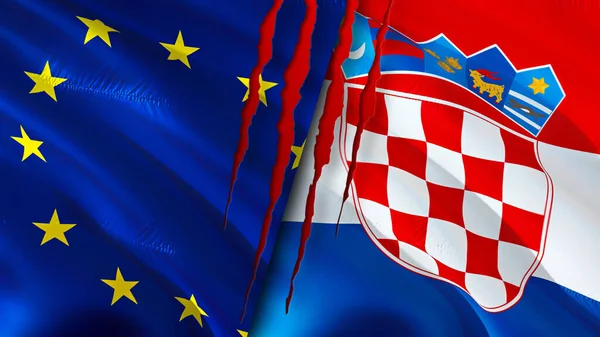 European Union and Croatia flags with scar concept. Waving flag,3D rendering. European Union and Croatia conflict concept. European Union Croatia relations concept. flag of European Union an