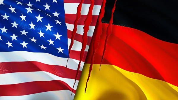 USA and Germany flags with scar concept. Waving flag,3D rendering. USA and Germany conflict concept. USA Germany relations concept. flag of USA and Germany crisis,war, attack concep