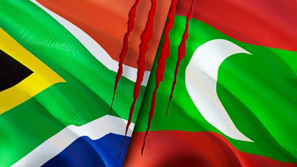 South Africa and Maldives flags with scar concept. Waving flag,3D rendering. South Africa and Maldives conflict concept. South Africa Maldives relations concept. flag of South Africa and Maldive