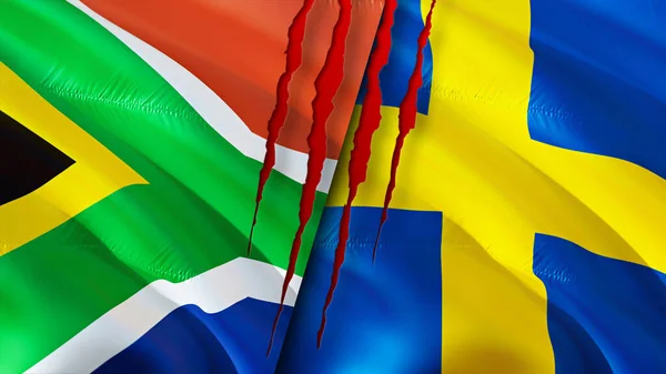Sydafrika Och Sverige Flaggar Med Ärr Koncept Viftar Med Flaggan — Stockfoto