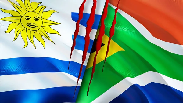 Uruguay and South Africa flags with scar concept. Waving flag,3D rendering. Uruguay and South Africa conflict concept. Uruguay South Africa relations concept. flag of Uruguay and South Afric