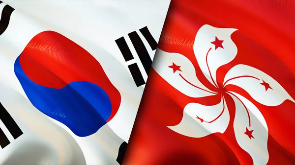South Korea and Hong Kong flags. 3D Waving flag design. South Korea Hong Kong flag, picture, wallpaper. South Korea vs Hong Kong image,3D rendering. South Korea Hong Kong relations alliance an