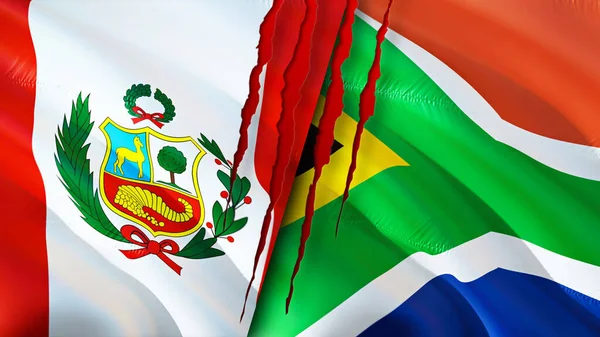 Peru and South Africa flags with scar concept. Waving flag,3D rendering. Peru and South Africa conflict concept. Peru South Africa relations concept. flag of Peru and South Africa crisis,war, attac