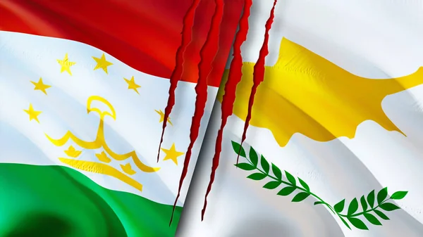 Tajikistan and Cyprus flags with scar concept. Waving flag,3D rendering. Tajikistan and Cyprus conflict concept. Tajikistan Cyprus relations concept. flag of Tajikistan and Cyprus crisis,war, attac