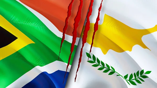 South Africa and Cyprus flags with scar concept. Waving flag,3D rendering. South Africa and Cyprus conflict concept. South Africa Cyprus relations concept. flag of South Africa and Cypru