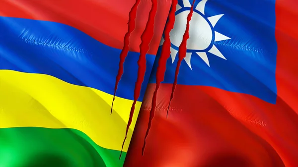 Mauritius and Taiwan flags with scar concept. Waving flag,3D rendering. Mauritius and Taiwan conflict concept. Mauritius Taiwan relations concept. flag of Mauritius and Taiwan crisis,war, attac