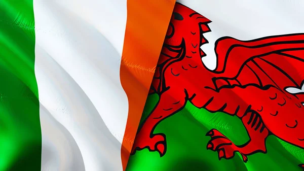 Ireland and Welsh flags. 3D Waving flag design. Ireland Welsh flag, picture, wallpaper. Ireland vs Welsh image,3D rendering. Ireland Welsh relations war alliance concept.Trade, tourism concep