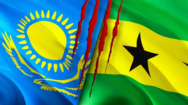 Kazakhstan and Sao Tome and Principe flags with scar concept. Waving flag,3D rendering. Kazakhstan and Sao Tome and Principe conflict concept. Kazakhstan Sao Tome and Principe relations concept