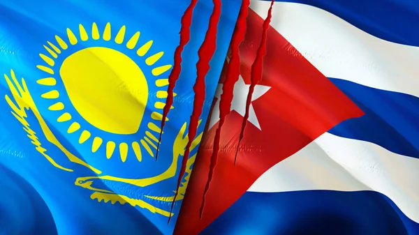 Kazakhstan and Cuba flags with scar concept. Waving flag,3D rendering. Kazakhstan and Cuba conflict concept. Kazakhstan Cuba relations concept. flag of Kazakhstan and Cuba crisis,war, attack concep