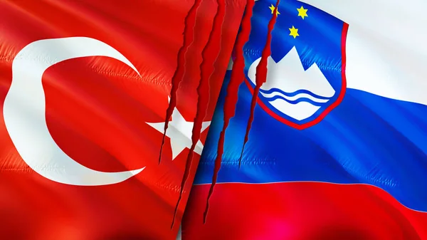 Turkey and Slovenia flags with scar concept. Waving flag,3D rendering. Turkey and Slovenia conflict concept. Turkey Slovenia relations concept. flag of Turkey and Slovenia crisis,war, attack concep