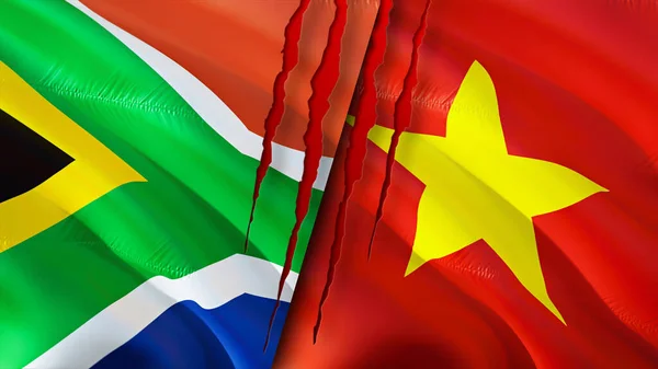 South Africa and Vietnam flags with scar concept. Waving flag,3D rendering. South Africa and Vietnam conflict concept. South Africa Vietnam relations concept. flag of South Africa and Vietna