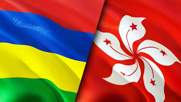 Mauritius and Hong Kong flags. 3D Waving flag design. Mauritius Hong Kong flag, picture, wallpaper. Mauritius vs Hong Kong image,3D rendering. Mauritius Hong Kong relations alliance an