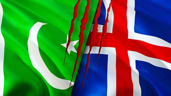 파키스탄과 아이슬란드의 깃발에는 흉터가 웨이브 플래그 렌더링 파키스탄과 아이슬란드는 갈등의 — 스톡 사진