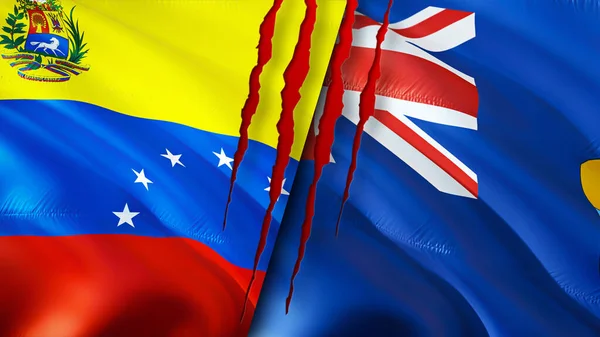 Venezuela and Saint Helena flags with scar concept. Waving flag,3D rendering. Venezuela and Saint Helena conflict concept. Venezuela Saint Helena relations concept. flag of Venezuela and Sain