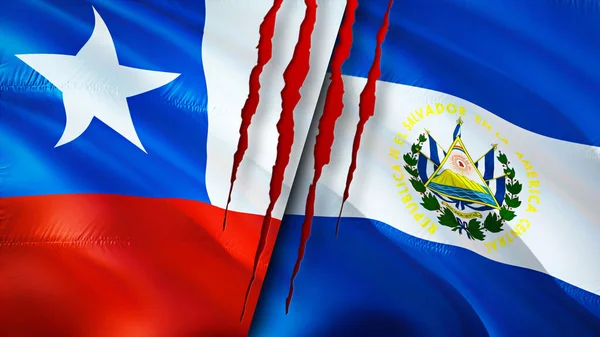 Chile and El Salvador flags with scar concept. Waving flag,3D rendering. Chile and El Salvador conflict concept. Chile El Salvador relations concept. flag of Chile and El Salvador crisis,war, attac