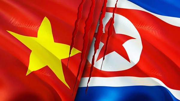 Vietnam and North Korea flags. 3D Waving flag design. Vietnam North Korea flag, picture, wallpaper. Vietnam vs North Korea image,3D rendering. Vietnam North Korea relations alliance an