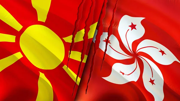 North Macedonia and Hong Kong flags with scar concept. Waving flag,3D rendering. North Macedonia and Hong Kong conflict concept. North Macedonia Hong Kong relations concept. flag of North Macedoni
