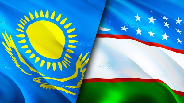Kazakhstan and Uzbekistan flags. 3D Waving flag design. Kazakhstan Uzbekistan flag, picture, wallpaper. Kazakhstan vs Uzbekistan image,3D rendering. Kazakhstan Uzbekistan relations alliance an