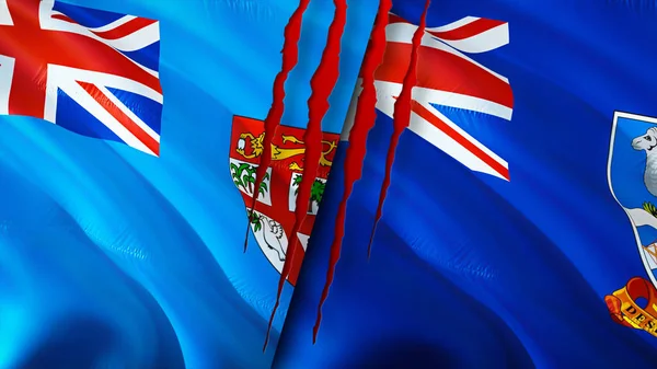 Fiji and Falkland Islands flags with scar concept. Waving flag,3D rendering. Fiji and Falkland Islands conflict concept. Fiji Falkland Islands relations concept. flag of Fiji and Falkland Island