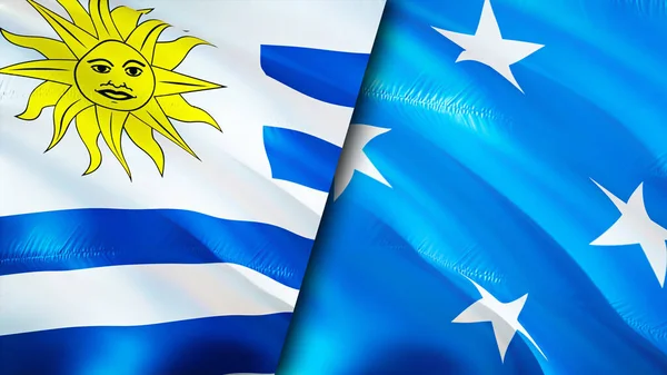 Uruguay Mikronezya Bayrakları Boyutlu Dalgalanan Bayrak Tasarımı Uruguay Mikronezya Bayrağı — Stok fotoğraf