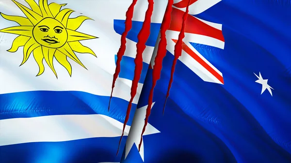 Uruguay and Australia flags with scar concept. Waving flag,3D rendering. Uruguay and Australia conflict concept. Uruguay Australia relations concept. flag of Uruguay and Australia crisis,war, attac