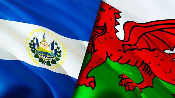 El Salvador and Welsh flags. 3D Waving flag design. El Salvador Welsh flag, picture, wallpaper. El Salvador vs Welsh image,3D rendering. El Salvador Welsh relations war alliance concept.Trade